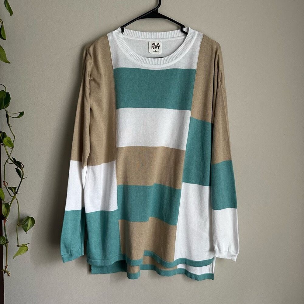 Planet by Lauren G Blue Brown Colorblock Sweater Top OSFA One Size